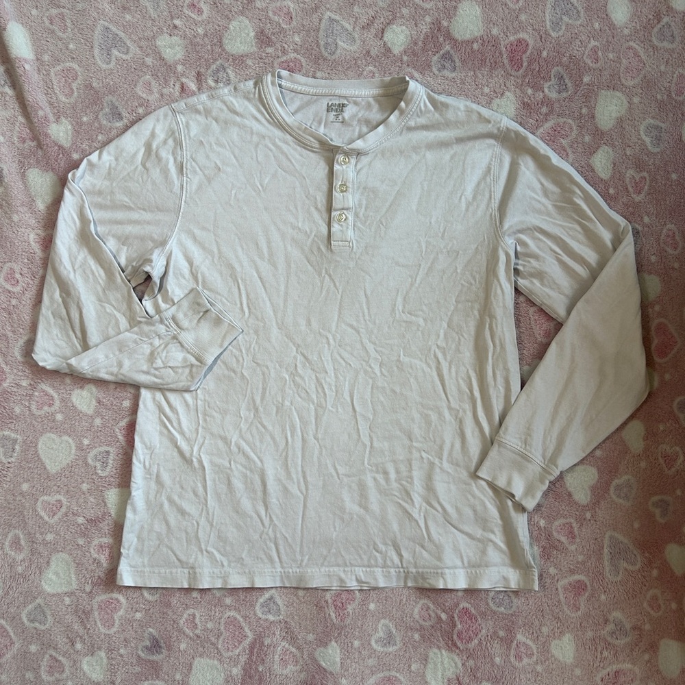 Lands’ End Men’s White Super-T Long Sleeve Henley Shirt size Medium